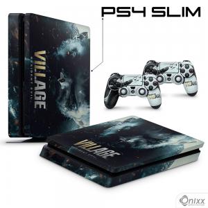 Skin Ps4 Slim Adesiva Resident Evil Village Adesivo Vinil Americano 10µ  4x0 Brilho Corte Eletrônico 