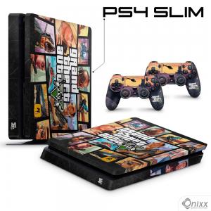 Skin Ps4 Slim Adesiva GTA V Adesivo Vinil Americano 10µ  4x0 Brilho Corte Eletrônico 