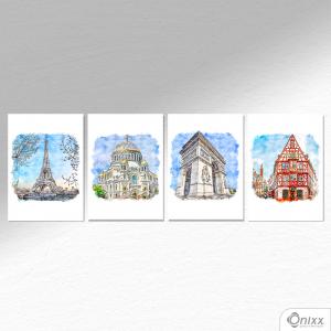 Kit De Placas Decorativas Cidades Aquarela A4 MDF 3mm 30X20CM 4x0 Adesivo Fosco Corte Reto Fita Dupla Face 3M