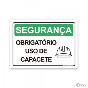 Placa SEGURANÇA: Obrigatório Uso De Capacete PVC 2mm  4/0 / Látex Adesivo Fosco Corte Reto Fita Dupla Face 3M