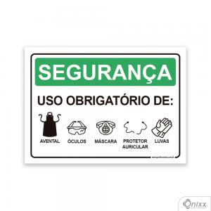 Placa Segurança: Uso Obrigatório De Avental, Óculos, Máscara, Protetor Auricular, Luvas PVC 2mm  4/0 / Látex Adesivo Fosco Corte Reto Fita Dupla Face 3M