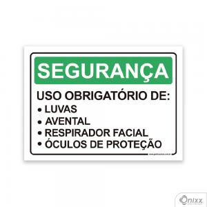 Placa Segurança: Uso Obrigatório De Luvas, Avental, Respirador Facial, Óculos De Proteção PVC 2mm  4/0 / Látex Adesivo Fosco Corte Reto Fita Dupla Face 3M