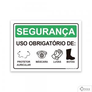 Placa Segurança: Uso Obrigatório De Protetor Auricular, Máscara, Luvas, Botas PVC 2mm  4/0 / Látex Adesivo Fosco Corte Reto Fita Dupla Face 3M